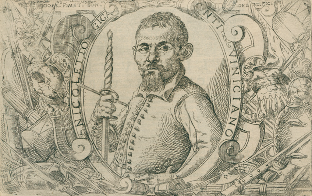 An engraved portrait of Nicoletto Giganti holding a spadone and surrounded by arms and armour